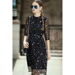 Summer Chiffon Dress Autumn White Black Runway Dresses Women High Quality Star Print 3/4 Sleeve Stand neck Shirt Dress With Belt