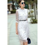 Summer Chiffon Dress Autumn White Black Runway Dresses Women High Quality Star Print 3/4 Sleeve Stand neck Shirt Dress With Belt