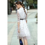 Summer Chiffon Dress Autumn White Black Runway Dresses Women High Quality Star Print 3/4 Sleeve Stand neck Shirt Dress With Belt