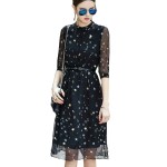 Summer Chiffon Dress Autumn White Black Runway Dresses Women High Quality Star Print 3/4 Sleeve Stand neck Shirt Dress With Belt