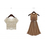 Summer Dress 2015 vestidos Party Dresses Chiffon Brand Khaki Women Dress+Openwork Lace Shawl Casual Elastic Waist Long Dress