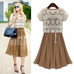 Summer Dress 2015 vestidos Party Dresses Chiffon Brand Khaki Women Dress+Openwork Lace Shawl Casual Elastic Waist Long Dress