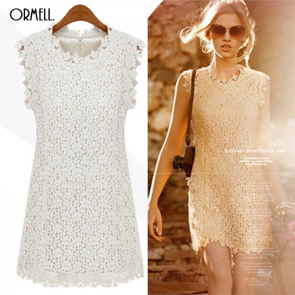 Summer Dress 2016 Sexy Women Casual Sleeveless Short Dress Hollow Out Solid White Knee-Length Lace Dress Vestidos Plus Size