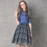 Summer Dress 2017 Nnew Women Denim Dreses Vintage Lace Patchwork Ethnic Midi Dress Tribal Print Belt Casual Boho Dress Vestidos