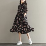 Summer Dress Floral Print Loose Waist Women Dress Turn Down Collar Dress Black Color Plus Size Women Clothing Beach Dress