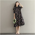 Summer Dress Floral Print Loose Waist Women Dress Turn Down Collar Dress Black Color Plus Size Women Clothing Beach Dress