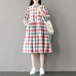 Summer Dress Short Sleeve Turn Down Collar Cotton Linen Dress Plaid Print High Waist Casual Women Dress Plus Size Women Clothing