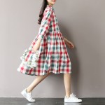 Summer Dress Short Sleeve Turn Down Collar Cotton Linen Dress Plaid Print High Waist Casual Women Dress Plus Size Women Clothing