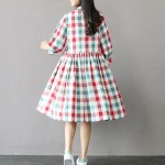 Summer Dress Short Sleeve Turn Down Collar Cotton Linen Dress Plaid Print High Waist Casual Women Dress Plus Size Women Clothing