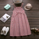 Summer Dress Spaghetti Strap High Waist Women Dress Casual Loose Cotton Linen Plaid Long Dress Black Blue Red Lolita Sundress