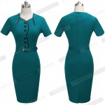 Summer Elegant Formal Business Dresses Wear To Work Solid Colors Stretch Short Sleeve Bodycon Women Dress With Sashes  GB201