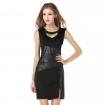 Summer Fashion Dress Leather Black Pencil Bodycon Slim Sleeveless Dress O-neck Thin Elegant Party Work 1143