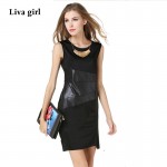 Summer Fashion Dress Leather Black Pencil Bodycon Slim Sleeveless Dress O-neck Thin Elegant Party Work 1143