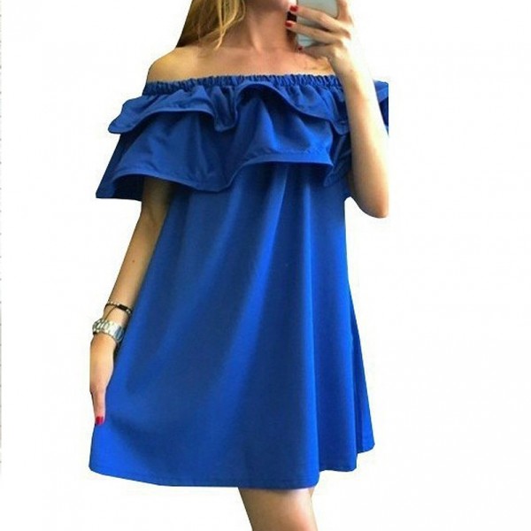 Summer Fashion Slash Double Ruffle Women Dress 2016 Sexy Off The Shoulder Sleeveless Loose MINI Dress Beach Strapless Dress