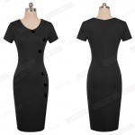 Summer Formal Women Office Business Dresses Casual Short Sleeve Solid Black Button Career Stretch Bodycon Dress With Pocket E531