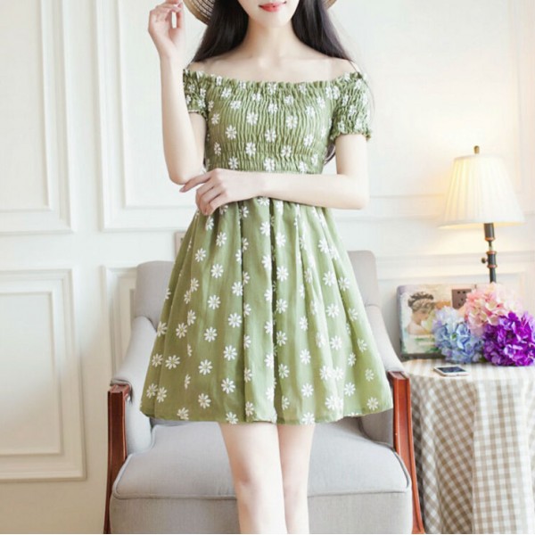 Summer Japanese Pastoral Fresh Style Print Slash Neck Dress High Waist Sweet Off The Shoulder Ladies Dress Sexy Mini Dress