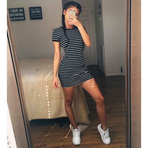 Summer New Round Neck Striped Short-sleeved Dress