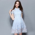 Summer OL gentlewoman Shoulder Hollow out Dress crochet rose lace stand collar slim princess dress Women's Sky blue dress 2146