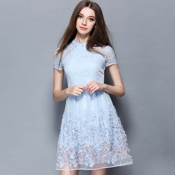 Summer OL gentlewoman Shoulder Hollow out Dress crochet rose lace stand collar slim princess dress Women's Sky blue dress 2146