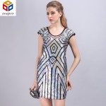 Summer Shining Geometric Sequin Bodycon Club Dress O Collar Cap Sleeve Sexy Women Mini Party Dress 88056