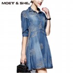 Summer Style Women Denim Dress Women Clothes Vintage Half Sleeve Long Embroidery Slim Dresses Plus Size Vestidos de festa D52547