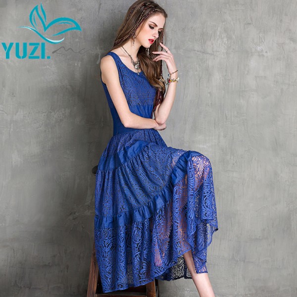 Summer Style Women Dress 2017 Yuzi Vintage New Lace Dresses O-Neck Sleeveless Swing Hem Maxi Vestido A8113 Vestidos Femininos