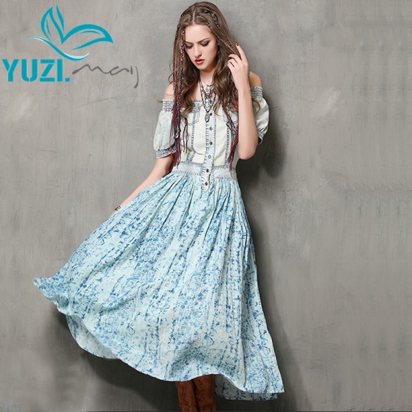 Summer Style Women Dress 2017 Yuzi.may Boho New Cotton Dresses Slash Neck Denim Patchwork Short Sleeve Vestidos Femininos A6522