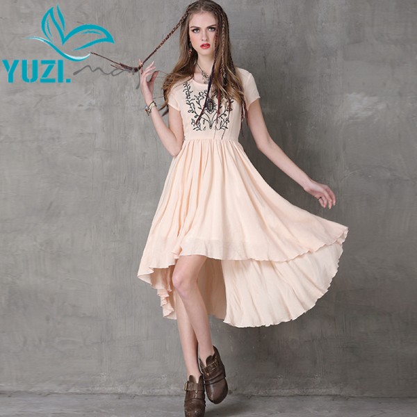 Summer Style Women Dress 2017 Yuzi.may Casual New Cotton Dresses O-Neck Floral Embroidery Asymmetrical Vestidos Femininos A8120