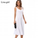 Summer Women Chiffon Sexy Casual Sleeveless O-Neck Solid Color Pleased Dress Plus Size Beach White Black Blue Sweet Dress 726