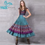 Summer Women Dress 2017 Yuzi.may Boho New Cotton Linen Vestidos V-Neck Short Sleeve High A-line Waist Maxi Dresses A8210 Vestido