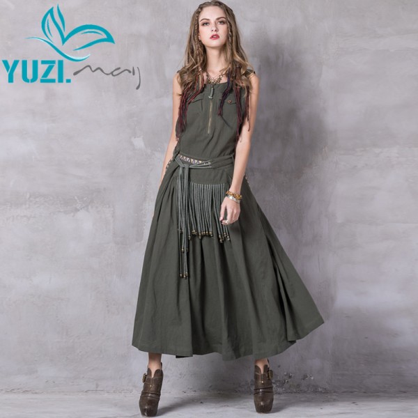 Summer Women Dress 2017 Yuzi.may Boho New Linen Cotton Vestidos Slash Neck Skinny Swing Hem Vintage Embroidery Sundress A8206