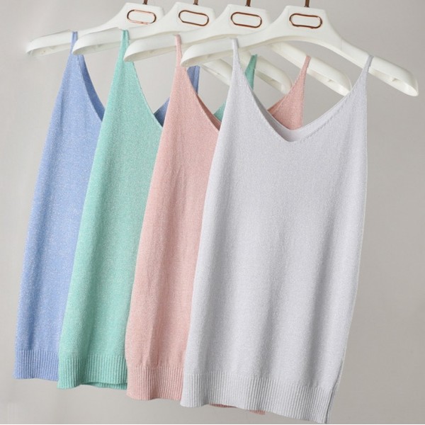 Summer Women Fashion Slim Knitting Tank Tops Female Bodycon Camisole Sleeveless T shirts With Shinning Rayon Knitted 