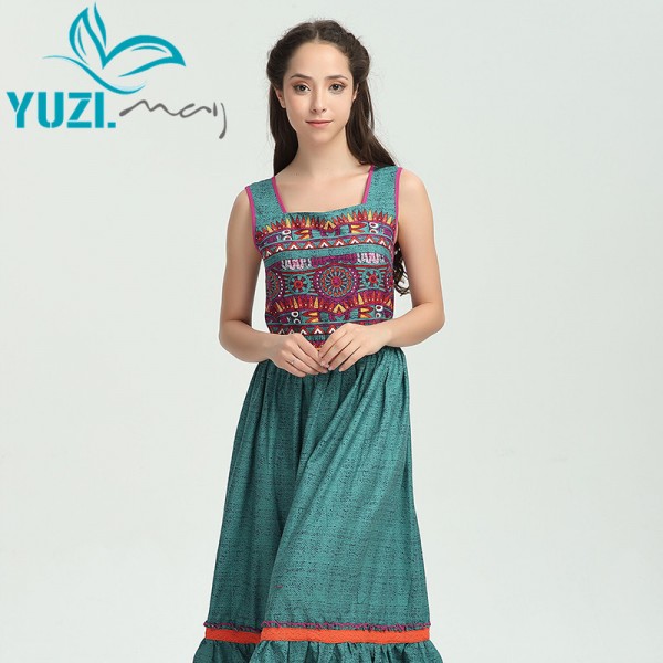 Summer Women Maxi Dress 2016 Yuzi.may Boho New Cotton Linen Dresses Floral Print Sundress  Embroider Vestido A8127 Vestidos