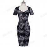 Summer Women Outfits Elegant Leaf Print Sheath Business Office Wear Dresses Knee Length Sweat-heart Neck Women Formal Dress B317