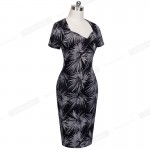 Summer Women Outfits Elegant Leaf Print Sheath Business Office Wear Dresses Knee Length Sweat-heart Neck Women Formal Dress B317