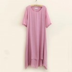 Summer cotton women linen dress 4XL double layer loose clothing pocket o-neck solid color short sleeve Casual Plus size dress