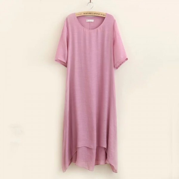 Summer cotton women linen dress 4XL double layer loose clothing pocket o-neck solid color short sleeve Casual Plus size dress