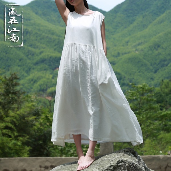 Summer style Mori Girlr dress plus size literary pure linen sleeveless dress long robe