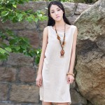 Summer style Sleeveless Linen Women Knee length Dress Brand Casual Solid Loose Tank Dresses Mori girl Cute Linen Dress C104