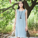 Summer style Sleeveless Linen Women Knee length Dress Brand Casual Solid Loose Tank Dresses Mori girl Cute Linen Dress C104