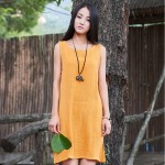 Summer style Sleeveless Linen Women Knee length Dress Brand Casual Solid Loose Tank Dresses Mori girl Cute Linen Dress C104