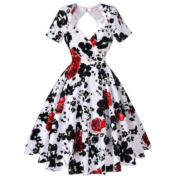 Summer style rockabilly dress women hollowed back Audrey hepburn swing 50s vintage floral vestidos short sleeve print dress 2016