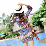 Summer women's old style loose cotton dress beach vacation holiday boho hippie dress blue color loose printing mini dress