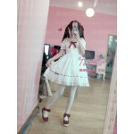 Super Cute Girls White Lace Dress Red Ribbon Big Bow Short Sleeve Lolita Dress