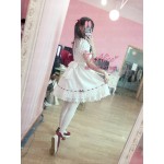 Super Cute Girls White Lace Dress Red Ribbon Big Bow Short Sleeve Lolita Dress