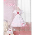 Super Cute Girls White Lace Dress Red Ribbon Big Bow Short Sleeve Lolita Dress