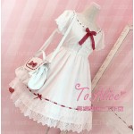 Super Cute Girls White Lace Dress Red Ribbon Big Bow Short Sleeve Lolita Dress