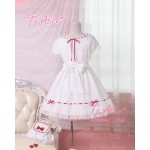 Super Cute Girls White Lace Dress Red Ribbon Big Bow Short Sleeve Lolita Dress