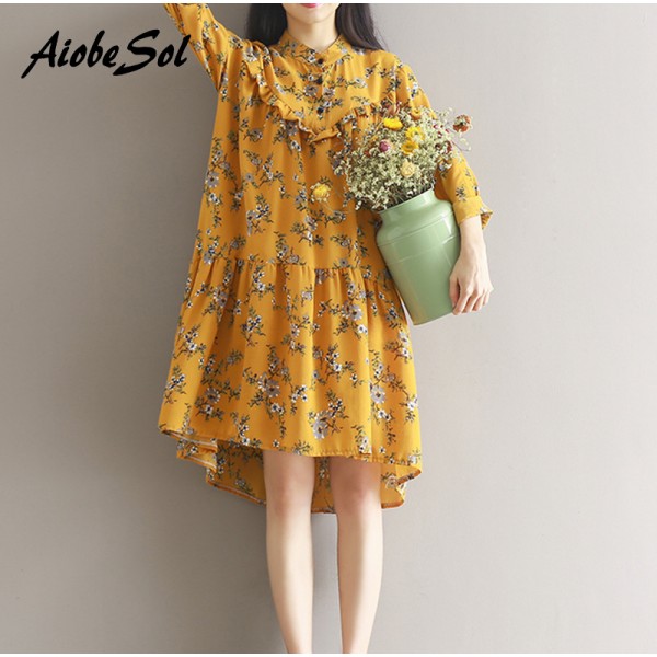 Sweet Chiffon Dress 2017 Spring New Women Literary Vintage Stand Collar Long Sleeve Flower Printed Ruffles Dress Mori Girl