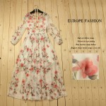 Sweet Dress New 2016 Spring Summer Famous Street Vintage Novelty Appliques & Floral Print Slim White Luxury Long Dress